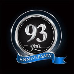Celebrating 93rd years anniversary logo. with silver ring and blue ribbon.