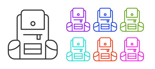 Black line Hiking backpack icon isolated on white background. Camping and mountain exploring backpack. Set icons colorful. Vector.