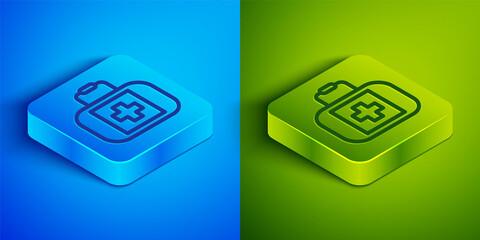 Isometric line First aid kit icon isolated on blue and green background. Medical box with cross. Medical equipment for emergency. Healthcare concept. Square button. Vector.