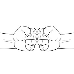 Two Male Fists Hitting Each Other. The Concept of Business Success, Teamwork, or Learning Together Success. Thin Line Icon for Website Design. A Realistic Black and White Sketch