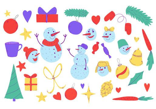 winter fun snowmen and new year items illustration stickers