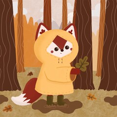 Fototapeta premium Cozy autumn illustration with a cute little fox wearing the iconic yellow raincoat. Scandinavian hygge concept. 