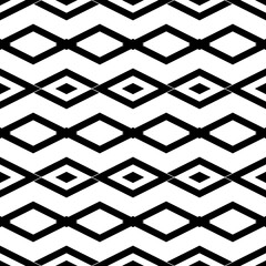 Repeated black rhombuses on white background. Ethnic wallpaper. Seamless surface pattern design with diamonds ornament. Lozenge motif. Digital paper for textile print, web designing. Vector art.