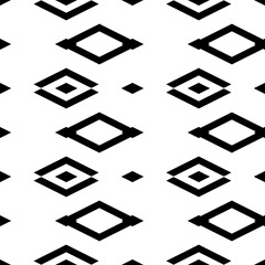 Repeated black rhombuses and brackets on white background. Ethnic wallpaper. Seamless surface pattern design with diamonds and chevrons ornament. Digital paper for textile print. Vector art.