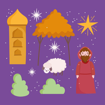 nativity, manger joseph lamb star icons cartoon