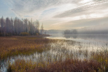 Fototapeta premium Autumn, foggy morning, over the lake, in the distance you can see a small island. Finland, Scandinavian nature.