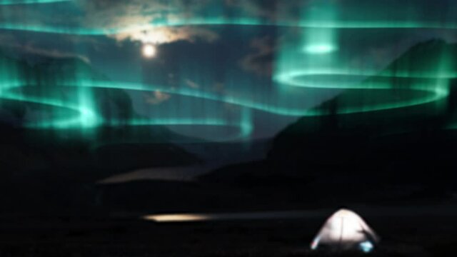 Animation of aurora borealis glowing trails in blue over landscape at night
