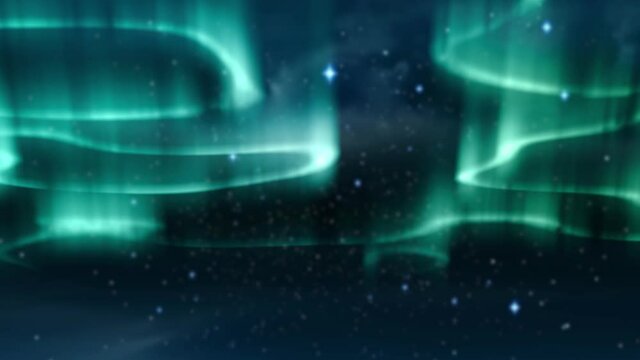 Animation of aurora borealis glowing trails in blue over stars on sky at night