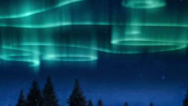 Animation of aurora borealis glowing trails in blue over landscape and stars on sky at night