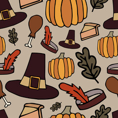 Happy Thanksgiving Day pattern. Holiday symbols. Hand drawn background with pumpkin, turkey, pie and puritan's hat. Vector illustration for design, fabric or wrapping paper.