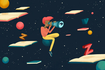 Boy looking with a telescope flying through space