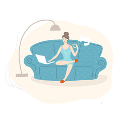 Office work and remote work, freelance. Young woman working on computer. Vector illustration in flat cartoon style.