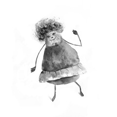 Funny smiling character with thin legs, full, with fluffy hair, dancer, black and white hand drawn illustration