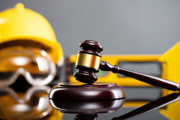 Construction law concept. Helmet and judge’s gavel on the gray background.