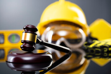 Construction law concept. Helmet and judge’s gavel on the gray background.