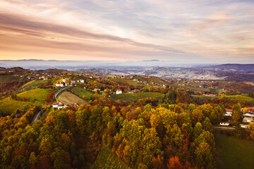 Aerial view of Vineyard on an Austrian countryside with a church in the background