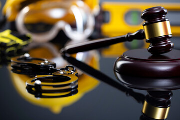 Construction law concept. Helmet and judge’s gavel on the gray background.