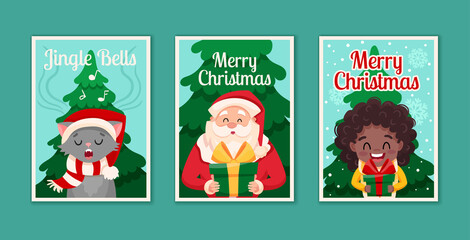 Fototapeta premium Set of three cards Merry Christmas and Happy New Year concept. Cute cartoon characters Santa Claus, happy African black girl and cat. Flat vector illustration 