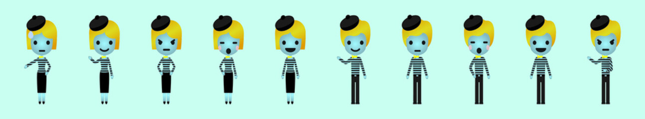 set of mime character. cartoon icon design template with various models. vector illustration isolated on blue background