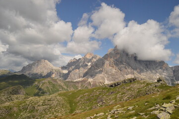 Hiking in the beautiful mountains of Val di Fiemme in the Dolomites of Northern Italy, Europe