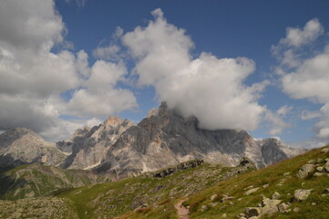Fototapeta premium Hiking in the beautiful mountains of Val di Fiemme in the Dolomites of Northern Italy, Europe