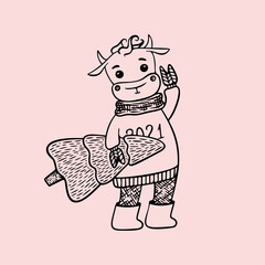 Cute cartoon bull with present for new year. Symbol of 2021 year.Vector christmas card illustration.