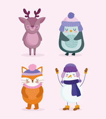 happy new year 2021, cute snowman, penguin, reindeer and fox cartoon