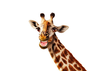 Funny photo of giraffe with open mouth and scarf hat isolated on white