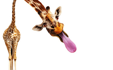 Funny photo of giraffe stick out longue tongue isolated on white - obrazy, fototapety, plakaty