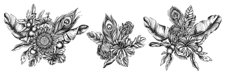 Flower bouquet of black and white banana palm leaves, hibiscus, solanum, bromeliad, peacock feathers, protea