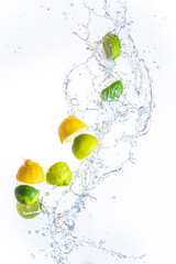 Fresh limes and lemons with water splash in midair, isolated on white background