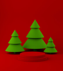 New year podium stage for product placement, minimal christmas trees on colorful background. 3d illustration