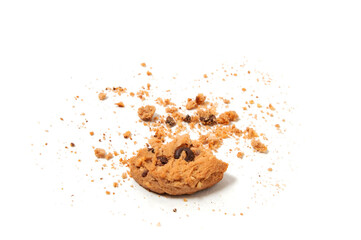 One broken Chocolate chip cookie isolated on white background. Sweet biscuit crumbs. Homemade pastry