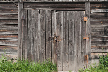 The texture of the old wooden gate. with green grass.