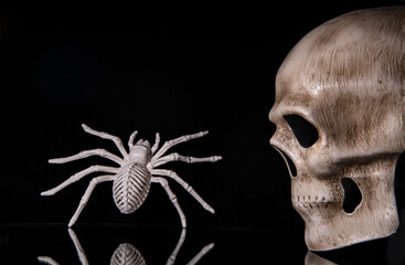 skull and skeletons of people and animals on a black background as an attribute of the holiday of the change of all the dead