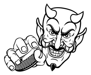 A devil or satan ice hockey sports mascot cartoon character holding a puck