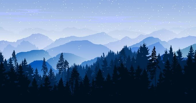 Snowy mountain landscape. Pine forest vector silhouette. Winter holiday background with Christmas trees. Natural footage with blue silhouette of evergreen coniferous trees, spruce for website design. 