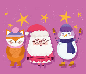 happy new year 2021, cute santa claus, fox and snowman cartoon