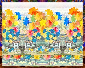 Cute pattern with countryside scene - colorful flowering trees and cozy houses on the background of hilly landscape.