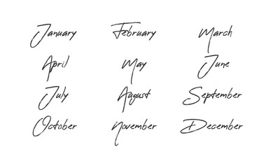 Handwritten names of months: December, January, February, March, April, May, June, July, August, September, October, November. Calligraphy words for calendars and organizers.