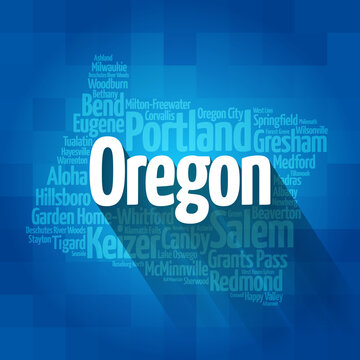 List of cities in Oregon USA state, map silhouette word cloud, map concept background