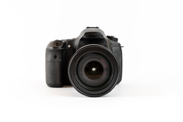 Fototapeta premium Reflex camera professional. Front view of the camera with the lens on.