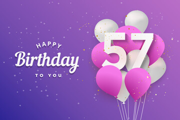 Happy 57th birthday balloons greeting card background. 57 years anniversary. 57th celebrating with confetti. Vector stock