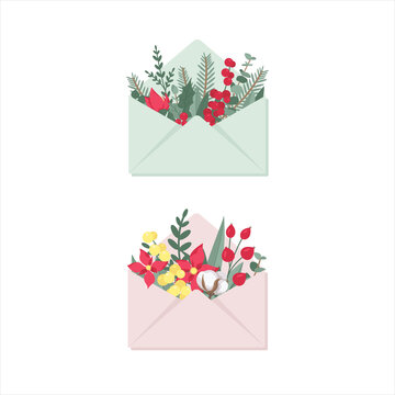 Envelopes with winter flowers and greenery (poinsettia, eucalyptus, cotton, holly, branch of berries). Christmas envelopes