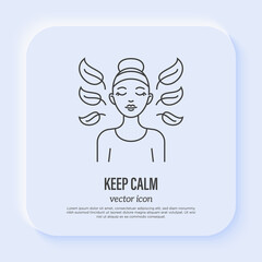 Keep calm: girl with closed eyes and feathers around. Meditation, wellbeing, Thin line style. Vector illustration.