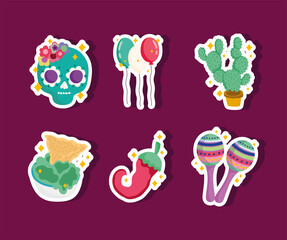 mexico culture icon set, stickers decoration skull, cactus, balloons, maracas