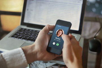 man making a video call to doctor therapist, medical help with health problem