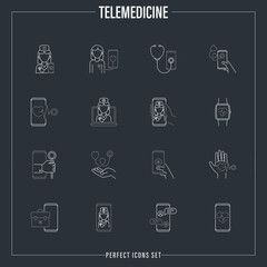 Telemedicine thin line icons set. Online consultation, non-contact diagnostics, medical mobile app, medical support, ask doctor, video call with therapist. Vector illustration.