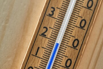 Thermometer showing 19 degrees, closeup detail