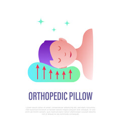 Orthopedic pillow: comfortable position for sleep. Insomnia treatment. Thin line icon. Vector illustration.